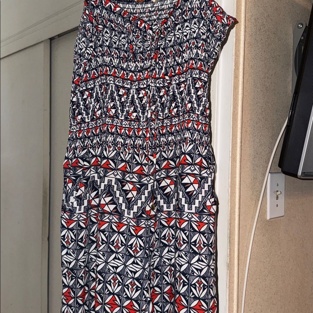 Tory Burch Black & Red Geometric Smocked Jumpsuit